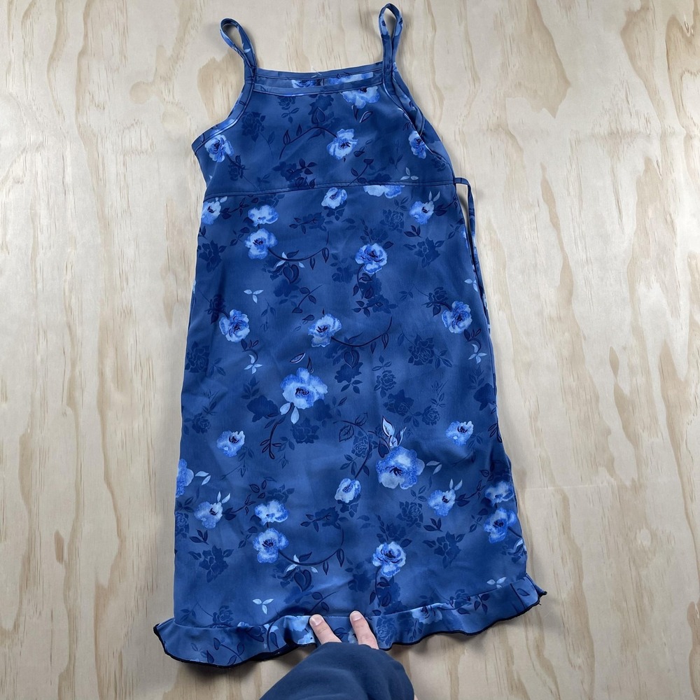 Vintage Expressions Dress Womens XS Blue Floral Slip Ruffle Hem Strappy Sundress